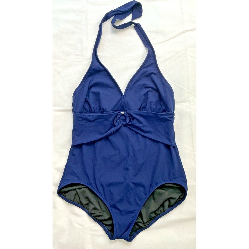 Lands' End Womens One Piece Swimsuit 14 Navy Blue Halter Top Lined Slimming